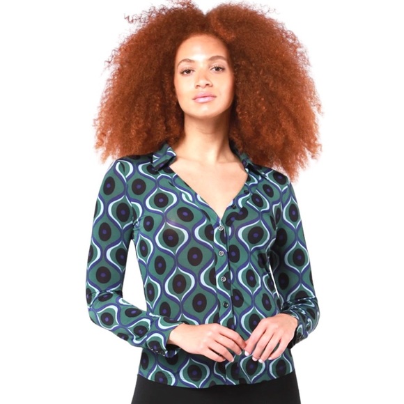 Zara Pattern Button Down Shirt Green Blue Black Size Small - Picture 3 of 6